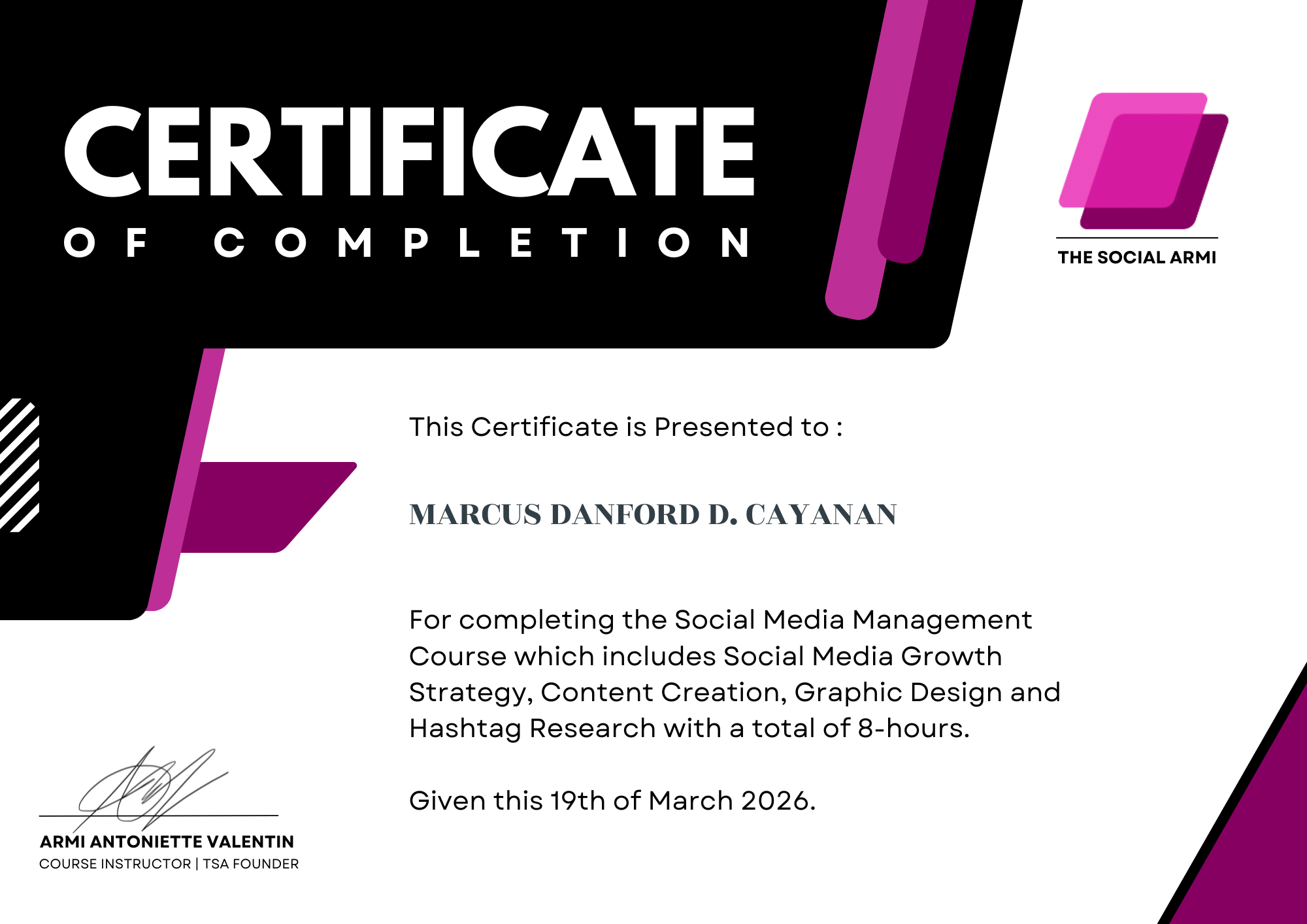 Social Media Management Certificate of Completion